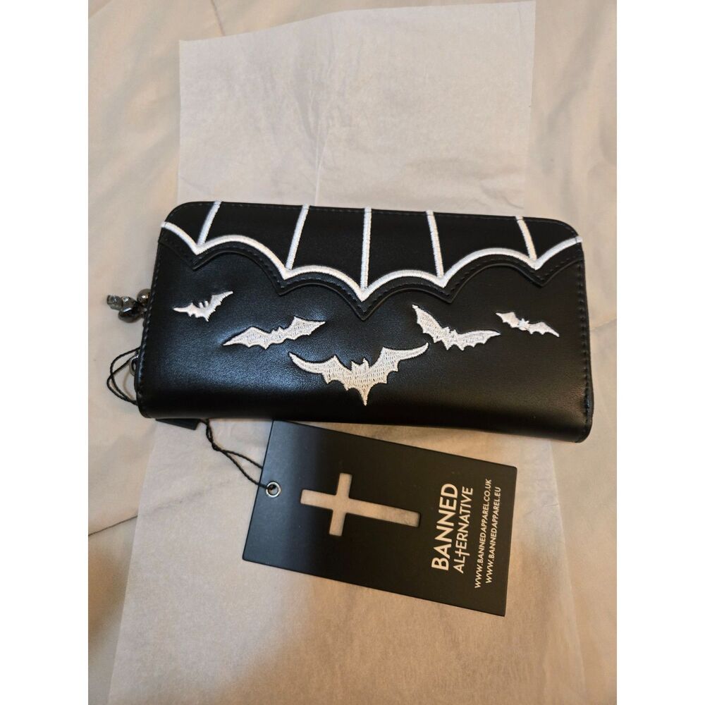 Banned Alternative Bat Wallet Black White Gothic Skull Charm Zip Around NWT